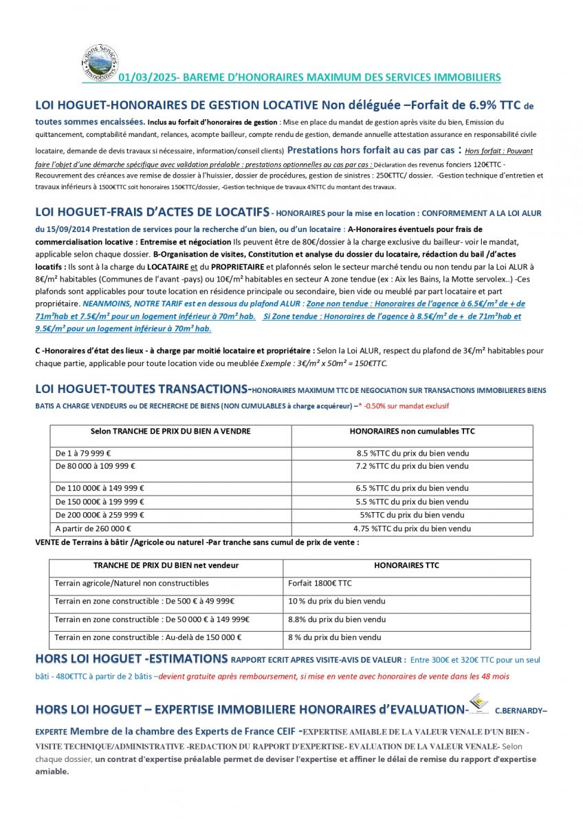 BAREME D’HONORAIRES MAXIMUM  DES PRESTATIONS D’ACTIONS SERVICES IMMOBILIERS - Eurl 